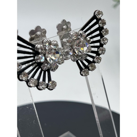 Coro Vintage Signed Rhinestone Clip-On Fan Silver Tone Black Crystal Earrings - Picture 14 of 16
